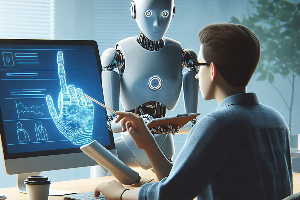 a man looking at a robot
